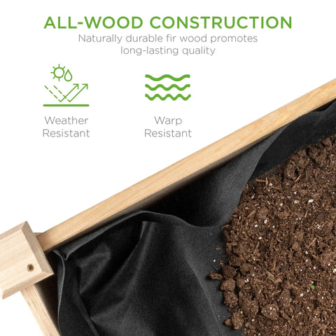 Close-up view of raised garden bed on a sturdy wood stand with drainage and bed liner, soil visible, natural finish