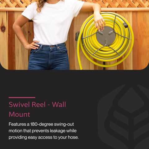 Wall Mounted Swivel Hose Reel With 180 Degree Swivel, 100 Foot Hose shown mounted on wooden fence, yellow hose coiled