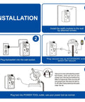 Installation steps for No-Fuss Auto Vacuum Switch For Power Tools With Current Sensing Tech, showing wall socket connections.