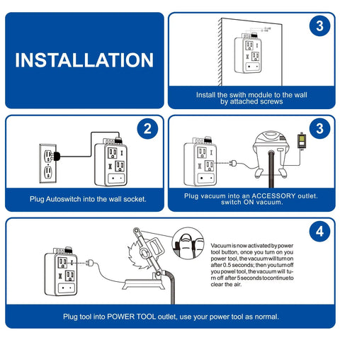 Installation steps for No-Fuss Auto Vacuum Switch For Power Tools With Current Sensing Tech, showing wall socket connections.