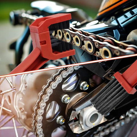 Universal 2 Piece Bike And Motorcycle Chain Cleaning Brush Set For Gear Dirt Removal with red and blue handles in use.