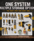 Game Changer Garage Wall Storage System With Four 12X16 Pegboard Panels Six Crystal Clear Bins And Thirty Six Heavy Duty Hooks showcasing hand tools and power tools.