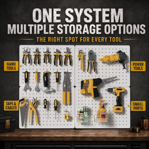 Game Changer Garage Wall Storage System With Four 12X16 Pegboard Panels Six Crystal Clear Bins And Thirty Six Heavy Duty Hooks showcasing hand tools and power tools.