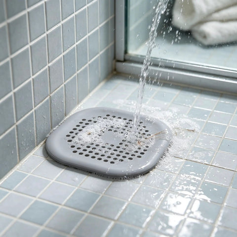 ACDANC 2 Pack Drain Cover Hair Catcher Pad, Silicone Tube Trap on tiled shower floor with water flowing over it.