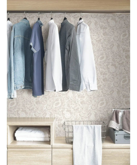 Cream Terrene Peel And Stick Wallpaper For Walls DIY Friendly Removable Self Adhesive Repositionable No Residue Easy To Install Neutral Cream Pattern behind hanging clothes in closet