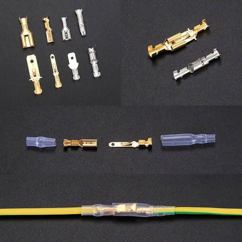 150 Piece Quick Splice Spade Connectors Kit With Insulated Nylon Sleeves For Two Point Eight Four Point Eight And Six Point Three Millimeter Male And Female Crimp Terminals For Car Audio Wiring, showing connectors and wiring installation.