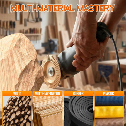 Person using angle grinder with 5 Piece Wood Carving Disc Set For Angle Grinder With 4 Inch And 4.5 Inch Attachments on wood