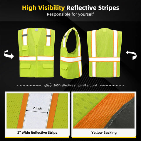 High Visibility Mesh Safety Vest With 10 Pockets, Mic Tabs, Front Zip Closure, And Reflective Strips For Men And Women, ANSI ISEA Compliant Orange XL