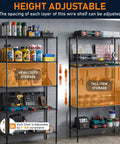 5-Tier Wire Shelf Storage Rack In Black, Heavy-Duty Steel, 36 x 14 x 72 Inch, Handles Up To 250 Lbs Per Level, 1250 Lbs Total Capacity, Perfect Kitchen Or Garage Organizer For Real Go-To Storage Power, adjustable shelves in garage