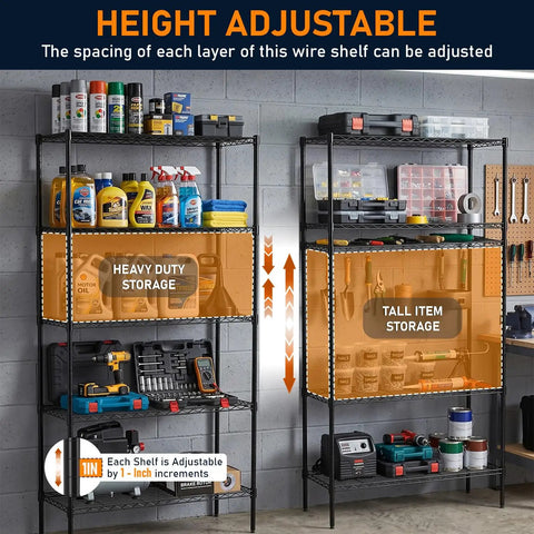 5-Tier Wire Shelf Storage Rack In Black, Heavy-Duty Steel, 36 x 14 x 72 Inch, Handles Up To 250 Lbs Per Level, 1250 Lbs Total Capacity, Perfect Kitchen Or Garage Organizer For Real Go-To Storage Power, adjustable shelves in garage