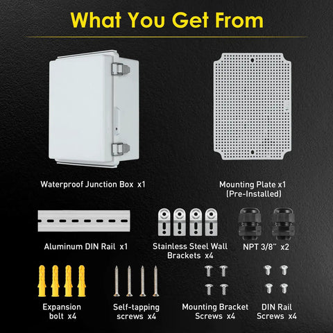 IP67 Waterproof Outdoor Electrical Junction Box With 8.7 By 6.7 By 4.3 Inch Dimensions, Beefy ABS Enclosure, Stainless Steel Latches, Wall Mount Brackets, Weatherproof, Shock Resistant For Exterior Electrical Projects, shown with mounting plate and accessories