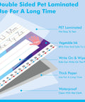 Double-sided pet laminated desk name plate with alphabet and numbers, showing durability and waterproof features on blue background.