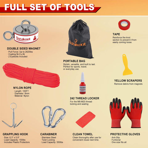 Double Sided 1320Lbs Neodymium Fishing Magnet Kit With 100 Ft Rope Includes Gloves Thread Locker Grappling Hook Carrying Bag