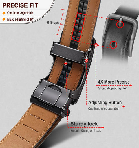 Men's Ratchet Leather Belt For Dress And Casual Wear, 1 3 8 Inch Wide, adjustable buckle illustration with size and fit details