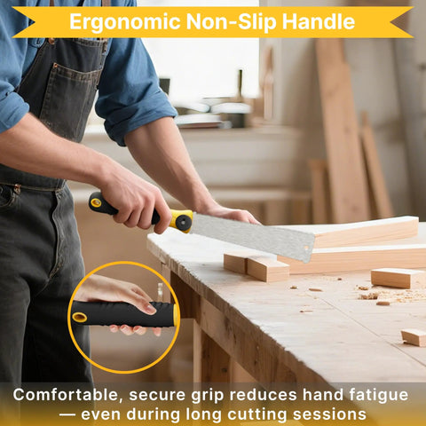 Man using pull saw from 4 Piece Miter Box And Pull Saw Set With 3 Replaceable Blades For Precise 45 And 90 Degree Cuts on wood