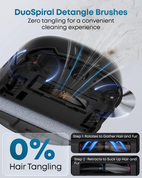 Robot Vacuum And Mop Combo With 20000 Pa Suction And HydroJet Mop System For Always Clean Mopping Edge To Edge Cleaning Zero Tangle Design AI Obstacle Avoidance Upgraded Smart Home Cleaning showing tangle-free brush system