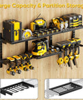 Heavy Duty Wall Mount Tool Organizer With Six Adjustable Shelves And Cordless Drill Holder, Iron Tool Rack For Garage Workshop, showing tools organized on shelves.
