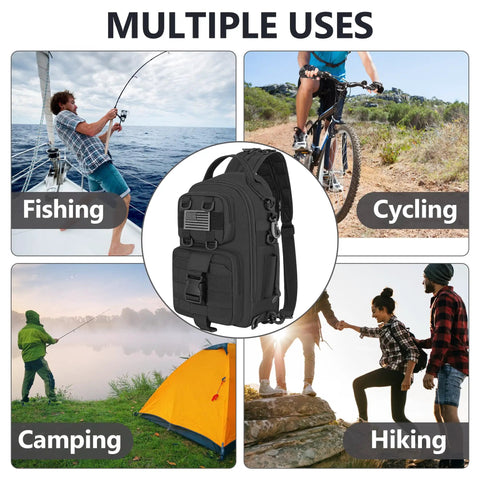 Dope Fishing Sling Backpack With Rod Holder And Gear Organizer shown for outdoor activities like fishing, cycling, camping, hiking.