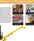 Heavy Duty Forklift Jib Boom Crane With 6600 Lbs Capacity Featuring Integrated Fixed And Movable Hooks Plus 12.8 Ft Telescopic Arm in warehouse setting.