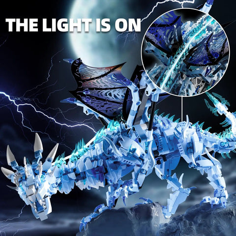 Dark Ice Dragon Building Block Set With Hand Crank Motion Movable Head Wings And Limbs Epic Fantasy Dragon Model Kit