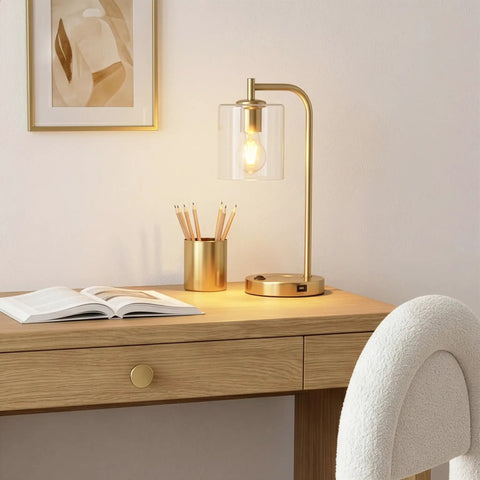 Vintage Brass Nightstand Desk Lamp With Wireless Charging Pad And USB Port LED Bedside Reading Lamp For Bedroom