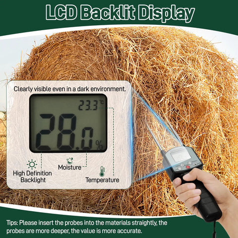 Portable Hay Moisture Meter With Backlit Display And Probe, Fast And Precise Readings From 0 To 80 Percent, About Half Percent Error, Handy On The Go For Bales And Forage Like Alfalfa And Orchard Grass, handheld meter on hay bale