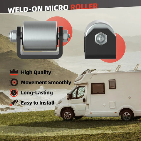 Two Pack Trailer Roller Wheel 2 Inch Weld On Heavy Duty Steel Caster With Grease Fitting For RV Trailers Motorhomes And Fifth Wheels Built Tough For Smooth Roll And Underbody Protection with motorhome in background.