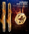 Orion Motor Tech tap and die set; two gold-toned taps and a gold die shown.