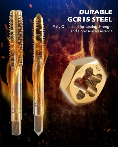 Orion Motor Tech tap and die set; two gold-toned taps and a gold die shown.