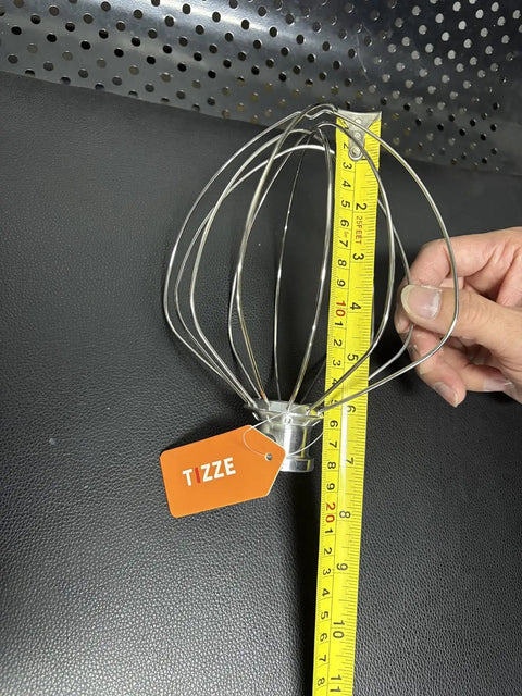 Six Quart Wire Whip Stainless Steel Stand Mixer Accessory Replacement measured with ruler, rustproof finish, for eggs and cream