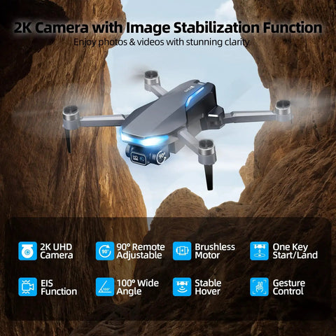 2K FPV Drone With 4.5 Inch Screen Remote, Brushless Motors, Auto Return, flying through canyon showcasing stabilization features