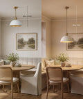 Caiselee 13 in Dome Pendant Light, 1-Light White and Gold Pendant Lighting above a round table, adjustable height, modern design.
