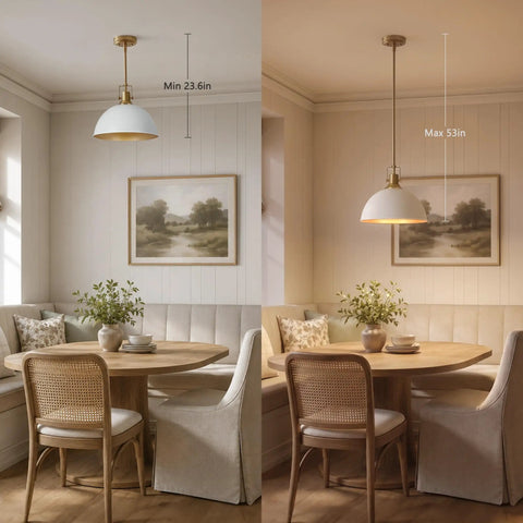 Caiselee 13 in Dome Pendant Light, 1-Light White and Gold Pendant Lighting above a round table, adjustable height, modern design.