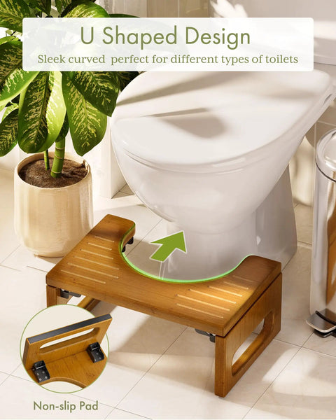 7 Inch Bamboo Toilet Stool For Adults, Foldable Squat Potty Stool For Bathroom, 0.79 Inch Thick With Non Slip Strip, shown by toilet