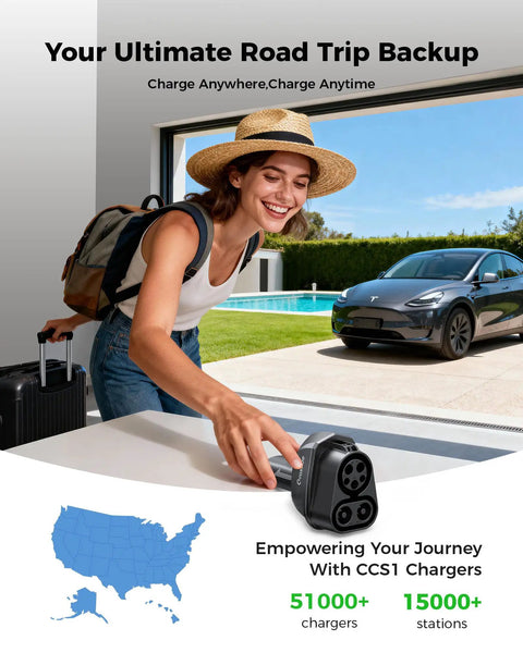 Heavy Duty Ccs To Nacs Electric Vehicle Charging Adapter Snags Up To 250 Kilowatt Dc Fast Charge For Tesla Model Y Cybertruck And All Next Gen Ev Rides Chillin On The Daily Highway with user preparing for road trip.