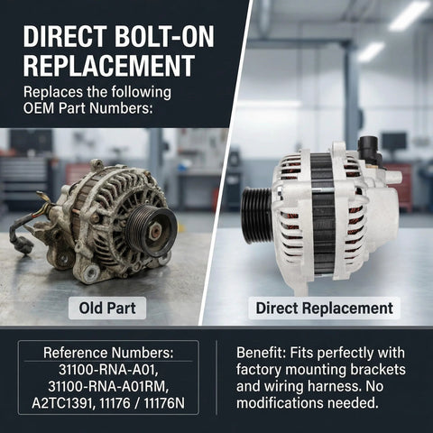 Plug And Play Alternator For Honda Civic 2006 To 2011 1.8L L4 Non Hybrid, 80 Amp 12 Volt With 7 Groove Pulley, Direct Bolt On OE Replacement For DX LX EX EX L, Reliable Power And Easy Install comparison with old alternator