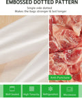 Close-up of 11 Inch By 150 Foot Food Vacuum Seal Roll With Cutter Dispenser For Any Vacuum Sealer Pro Grade BPA Free Bags next to raw meat showcasing embossed pattern.