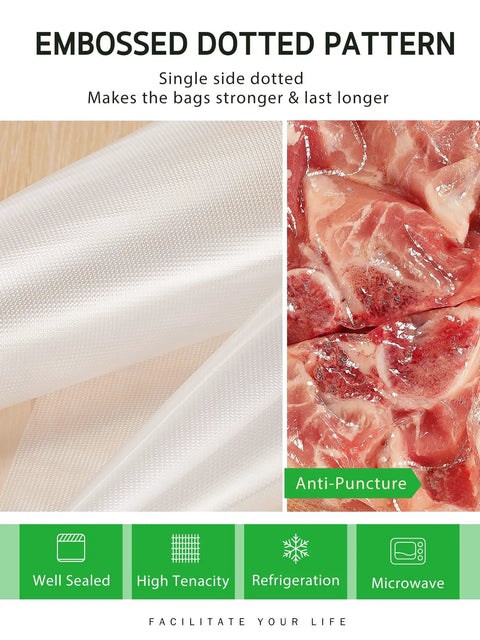 Close-up of 11 Inch By 150 Foot Food Vacuum Seal Roll With Cutter Dispenser For Any Vacuum Sealer Pro Grade BPA Free Bags next to raw meat showcasing embossed pattern.