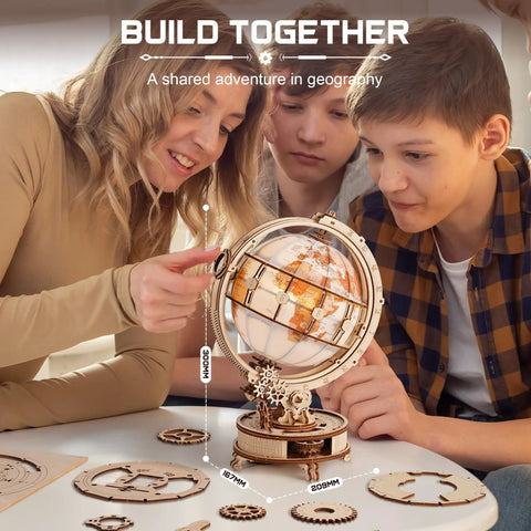 Illuminated Rotating Wooden Globe Puzzle Night Light Kit 185 Piece 3D Geography Model For Adults And Teens 14 Plus No Glue Needed Learn While You Build Hands On, 300mm build