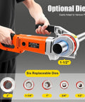 No Sweat 200W Electric Pipe Threader For Half To 2 Inch Pipes, showcasing the tool and six replaceable dies for various sizes.