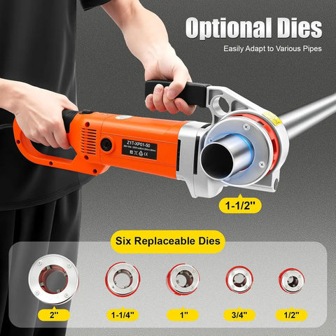 No Sweat 200W Electric Pipe Threader For Half To 2 Inch Pipes, showcasing the tool and six replaceable dies for various sizes.