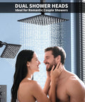Matte Black Shower System With Push Button Diverter Easy Install Three Mode Rainfall Ceiling Mount 10 Inch Shower Head in use