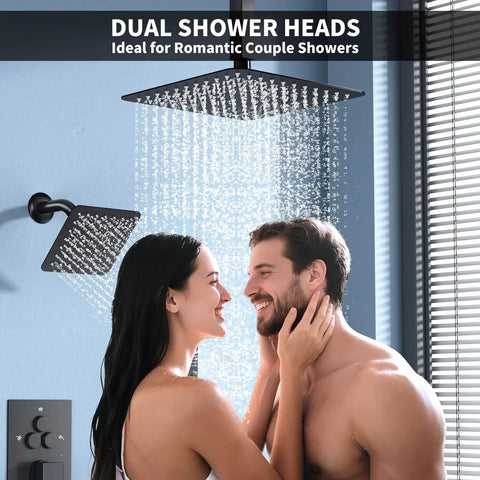 Matte Black Shower System With Push Button Diverter Easy Install Three Mode Rainfall Ceiling Mount 10 Inch Shower Head in use