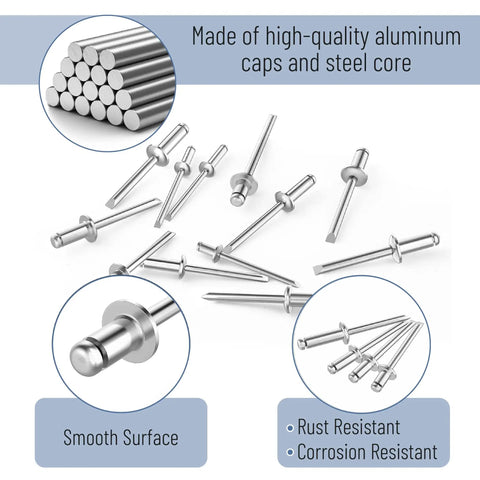 500 Piece Aluminum Pop Rivets Assortment Kit With Ten Sizes From One Eighth Inch To Three Sixteenths Inch Blind Rivets For Metal Quick Repairs And DIY Projects In Durable Rivet Box, showing rivets with smooth aluminum caps and steel core.