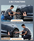 Man using Digital Tire Pressure Gauge With Inflator For Cars SUVs And Bikes Must Have Tool That Reads 3 To 250 PSI with vehicle