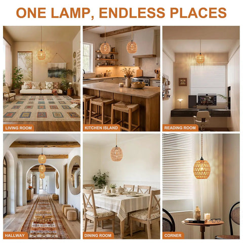 Homebody Essential Plug In Pendant Light Featuring Hand Woven Rattan And Wicker Egg Shade with 15 Ft Cord in multiple settings.