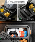 Ultimate Sofa Tray Caddy With Armrest Table in use showing phone holder, gyro cup holder with snacks, and storage for gaming items.
