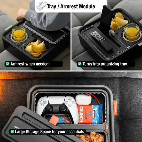 Ultimate Sofa Tray Caddy With Armrest Table in use showing phone holder, gyro cup holder with snacks, and storage for gaming items.