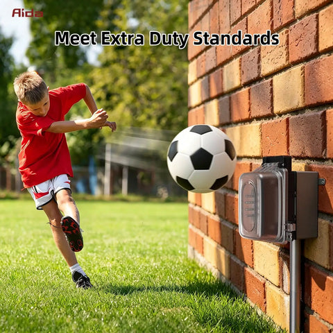 Top Shelf 15 Amp Outdoor GFCI Outlet Self Test Tamper Resistant GFI Black 2 Pack With Lockable Weatherproof In Use Cover and Heavy Duty Metal Box UL Listed near boy kicking soccer ball
