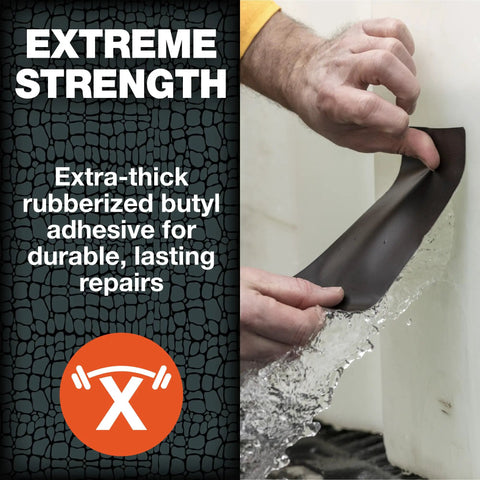 Rugged Heavy Duty Waterproof Repair Tape For Wet And Underwater Surfaces Patch Leaks Indoors Outdoors Black 4 Inch By 5 Foot One Roll With Extra Thick Rubberized Adhesive For Quick Fixes applied on leaking surface